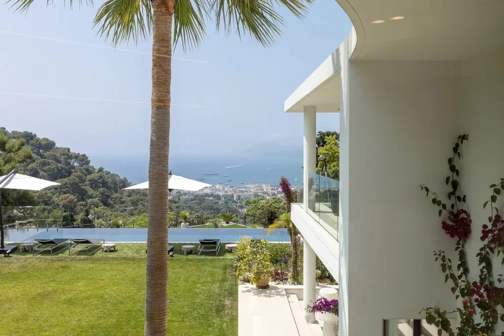 Piscine côté villa avec palmier et vue mer en arrière-plan